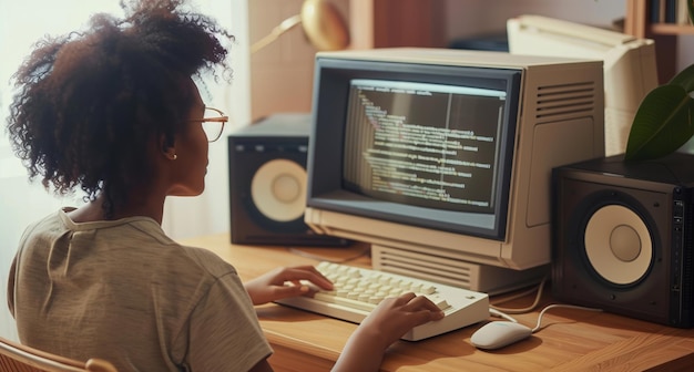 Woman typing on retro computer at