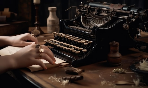 A woman typing on a typewriter