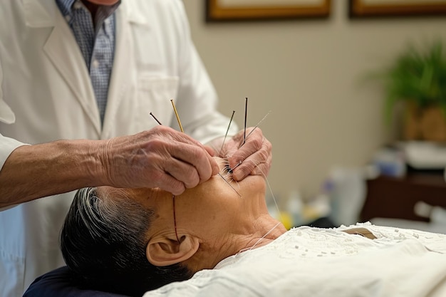 A woman undergoes a needle placement procedure on her head as part of a medical treatment or therapy Patient receiving acupuncture treatment AI Generated