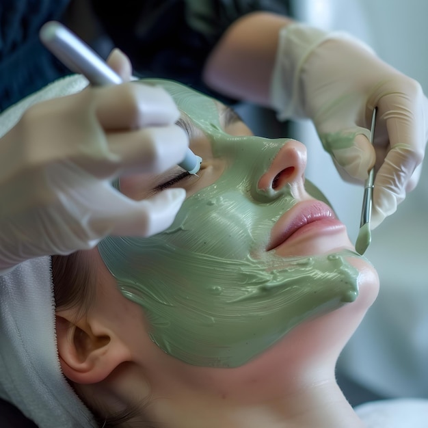 woman undergoing aesthetic procedure green skin care mask