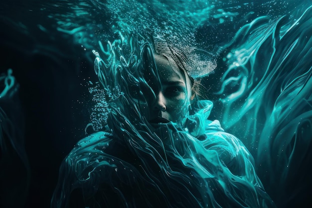 A woman underwater with the word aqua on it