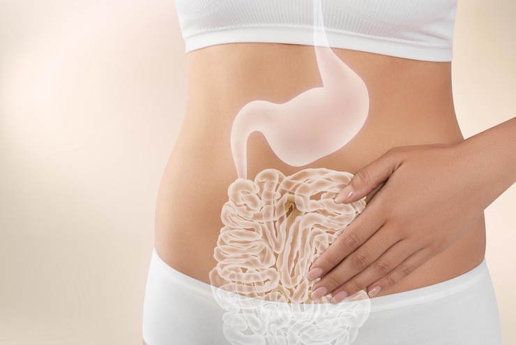 Photo woman in underwear touching her belly on light background closeup healthy stomach