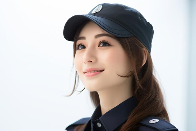 a woman in a uniform is looking at the camera