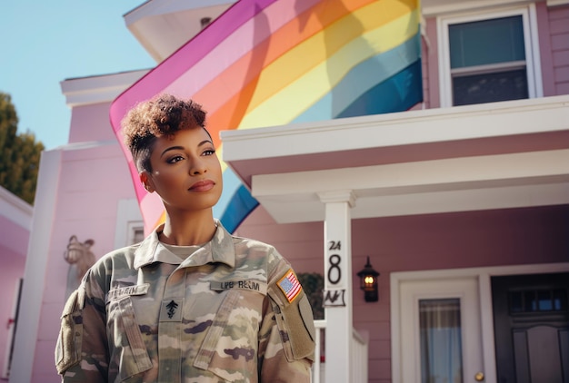 Photo a woman in uniform standing in front of a house