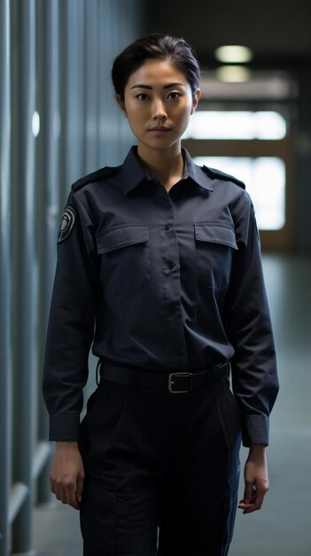 a woman in a uniform stands in front of a security gate