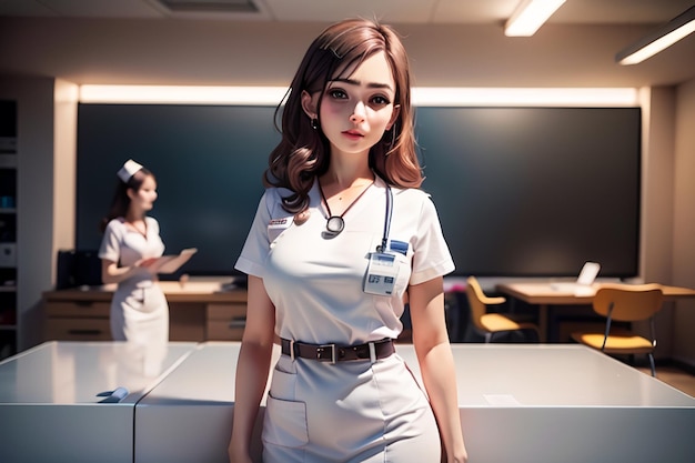 A woman in a uniform stands in a room with a woman in a white uniform.