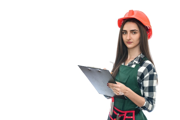 Woman in uniform with clipboard isolated on white