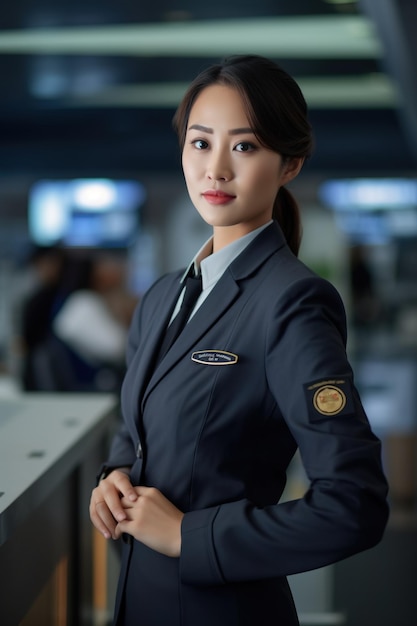 A woman in a uniform with the name of the airline on it