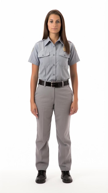 Foto una donna in uniforme con una camicia che dice polizia