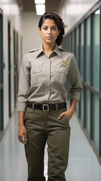 Photo a woman in a uniform with a sign that says  she is wearing a shirt that says  she is wearing a shirt