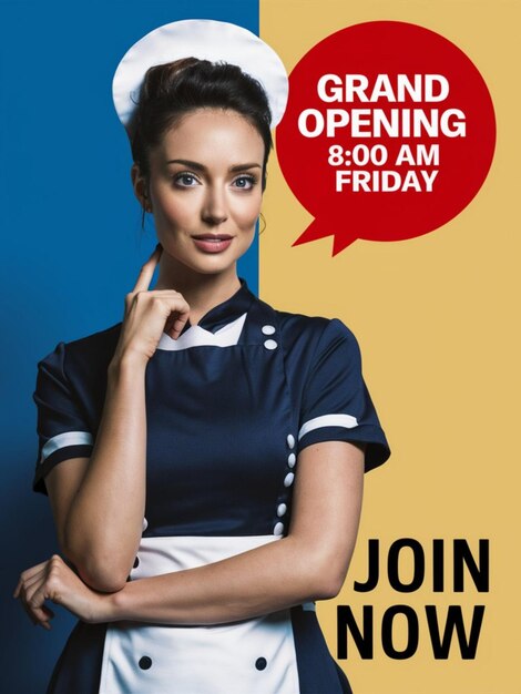 a woman in an uniform with a speech bubble saying grand opening