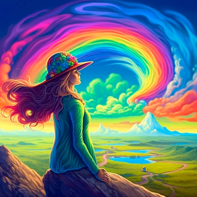 Woman in the universe with rainbow