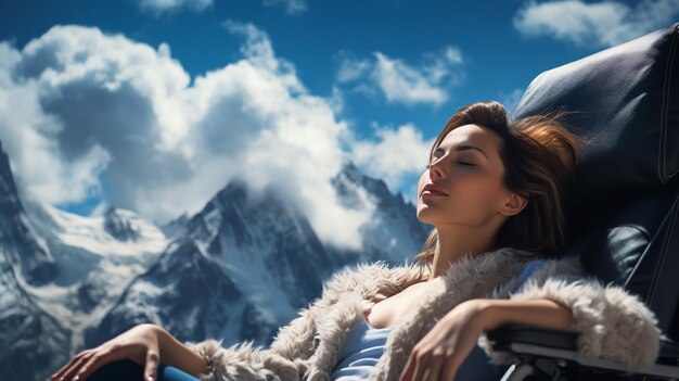 Foto una donna si rilassa su una sedia sotto un cielo blu limpido e le cime coperte di neve ai generativa