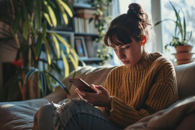 Photo woman updates social media on cellphone in living room