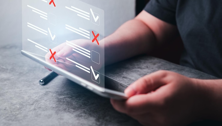 Photo woman use digital tablet with hologram interface of document management system dms