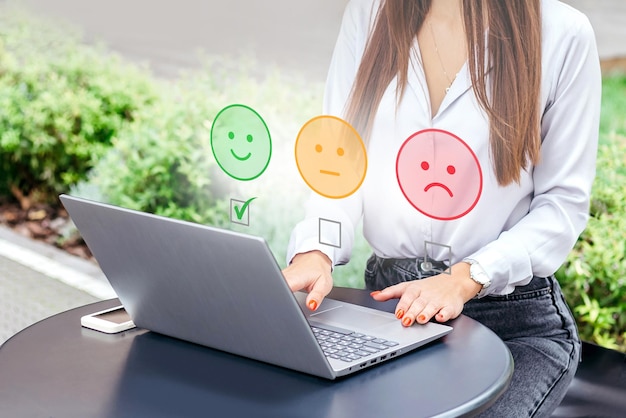 Photo woman use laptop choosing green happy smile face icon mental health concept