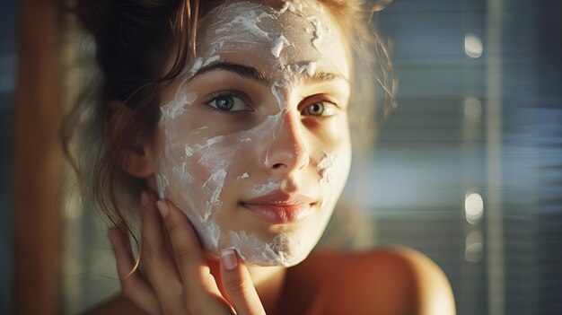 여자 는 피부 아름다움을 유지 하기 위해 얼굴 마스크 를 사용 한다