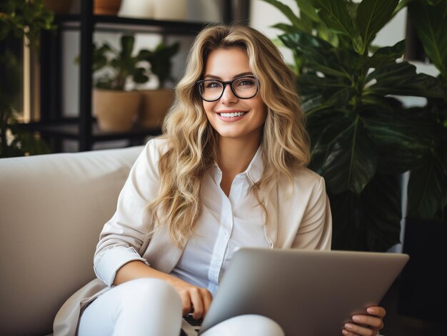 A woman uses a laptop computer in the home Internet business Distant work Design ai