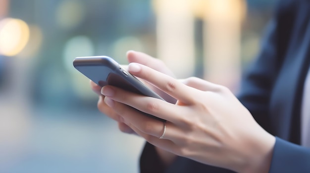 A woman uses a smartphone on a street.