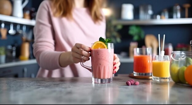 Фото Женщина использует соковыжималку, чтобы налить свежий смузи в стакан. с помощью генеративного ии фуд-блогер создает видеоблог о свежем питательном смузи.