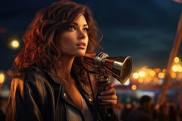 Woman using binoculars on promenade