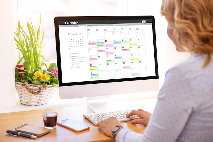 Photo woman using calendar app on desktop computer