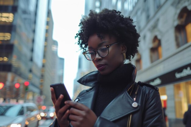 写真 街で立っている女性が携帯電話を使っている