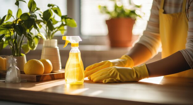 Photo a woman using cleaning gloves spray bottle and a yellow cloth to clean a kitchen countertop