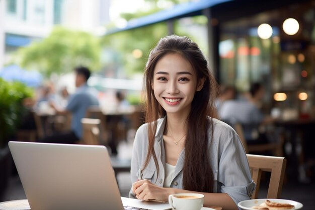 カフェでコンピューターを使っている女性