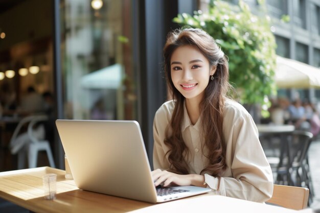 カフェでコンピューターを使っている女性