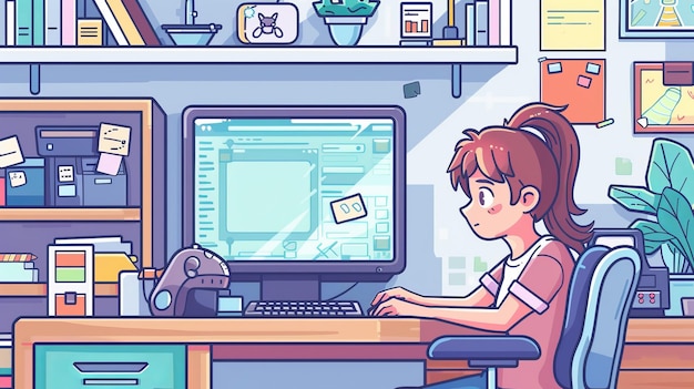 Женщина использует компьютер на своем рабочем месте в очереди