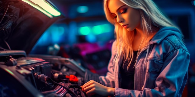 Woman using a diagnostic tool to identify and fix a problem with the car's computer system Generative AI