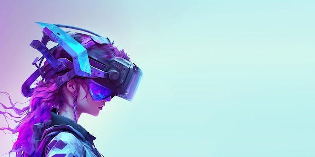 Woman using digital smart device technology googles headset looking into the world of metaverse virtual reality