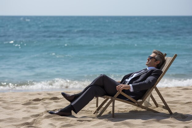 Woman using digital tablet while relaxing in a beach chair on the beach