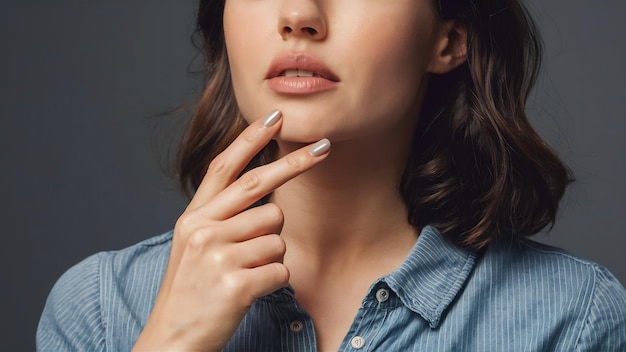 Woman using the finger to touch the chin