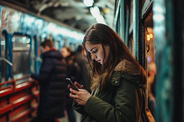 Woman using her smartphone at subway station