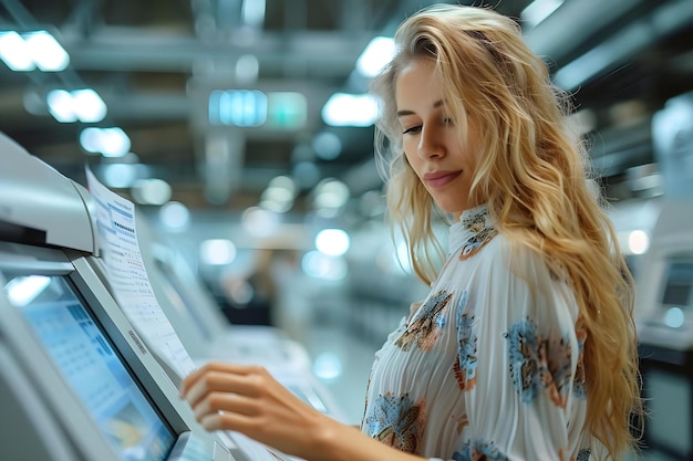 Photo woman using hightech printer in modern office setting office equipment in use concept office equipment technology in workplace printer in action