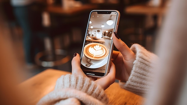 Woman using I phone 13 pro taking photo of a cup