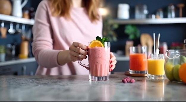 Foto donna che usa uno spremiagrumi per versare un frullato fresco in un bicchiere usando l'ia generativa un food blogger crea un video blog su un frullato fresco e nutriente