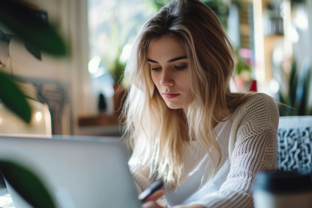 Woman using laptop in cafe