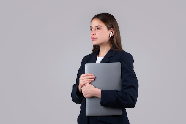 Woman using laptop computer isolated background young secretary