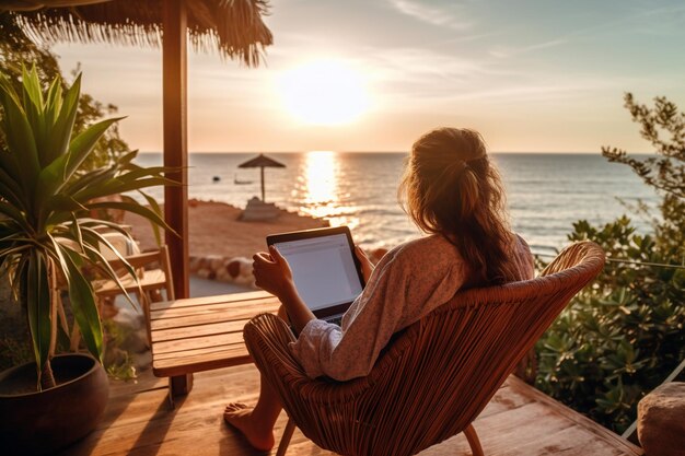 woman using a laptop on a deck overlooking the ocean at sunset