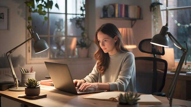 Woman using laptop indoors in home office