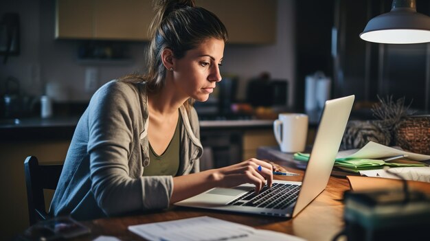 Женщина использует ноутбук, оплачивает счета онлайн и управляет домашним бюджетом Женщина работает Копирует место для текста