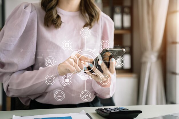 Premium Photo | Woman using laptop tablet and smartphone with virtual ...