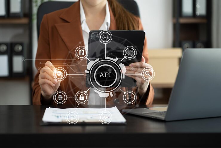 Photo 가상 화면 api 아이콘과 함께 노트북, 태블릿 및 스마트폰을 사용하는 여성 소프트웨어 개발 도구 api 응용 프로그램 프로그래밍 인터페이스 현대 기술 및 네트워크 개념