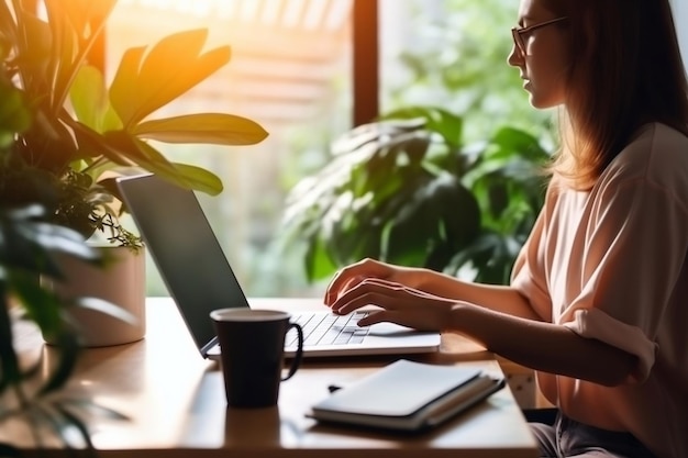 A woman using a laptop for web browsing and searching Generative Ai