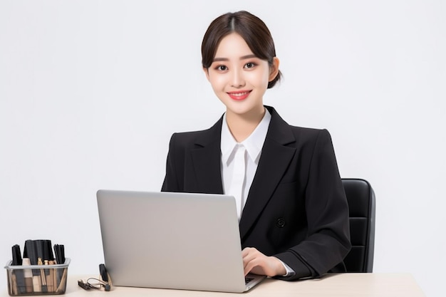 A woman using a laptop white background