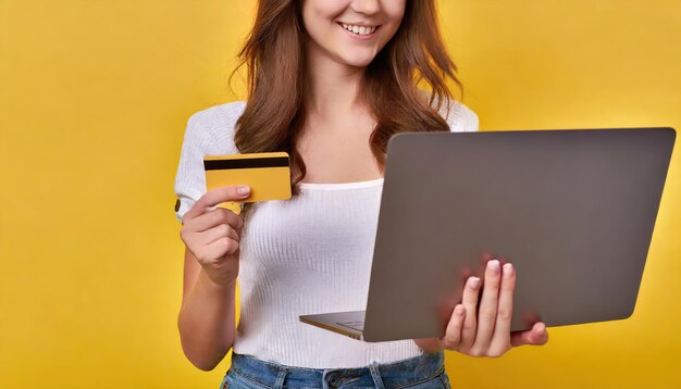 Woman using laptop with credit card concept shopping online