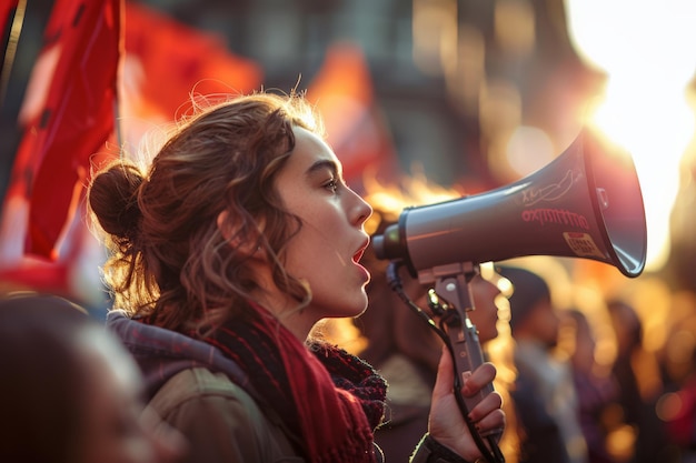 Woman using a megaphone at a protest sunlight highlighting her amid the demonstrators